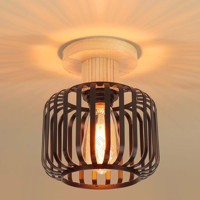 IDEGU Vintage Plafonnier 18CM Lustre Industriel en Métal Cage avec Décor Bois Luminaire E27 Éclairage Décor Rétro pour Salon