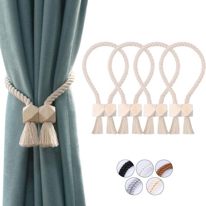4 Attaches Magnétiques Pour Rideaux Avec Perles - Sangles Tissées 49 Cm - Aimants Puissants, Sans Perçage - Pour Salon, Chambre, Bureau - 13