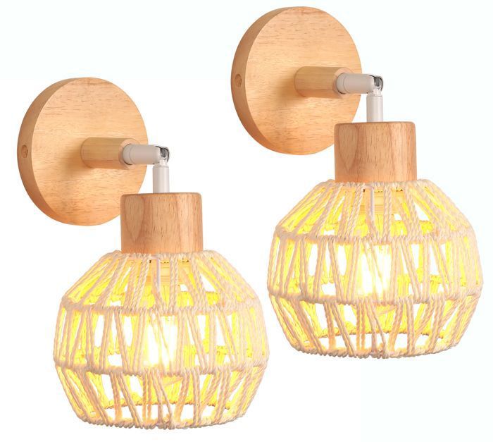 iDEGU 2pcs Lampe Murale Intérieur Vintage 15cm Applique Murale Industriel en Bois Rotin Blanc Plafonnier Rétro pour Salon Chambre