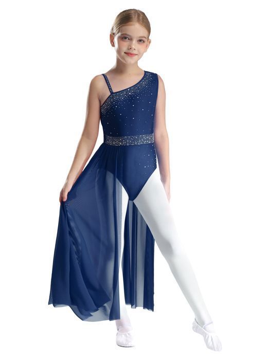 zdhoor Enfant Fille Robe Danse Lyrique - Strass - Bleu Marine - Robe Justaucorps Danse Classique - Dancewear - 5-16 Ans