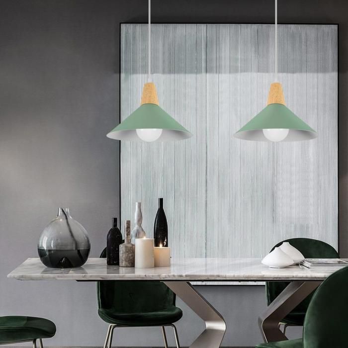 WOTTES Suspension en Bois et Métal - Vert clair 3pcs Ø25cm - E27 - Design rétro Chapeau - Éclairage intérieur Lustre Cuisine