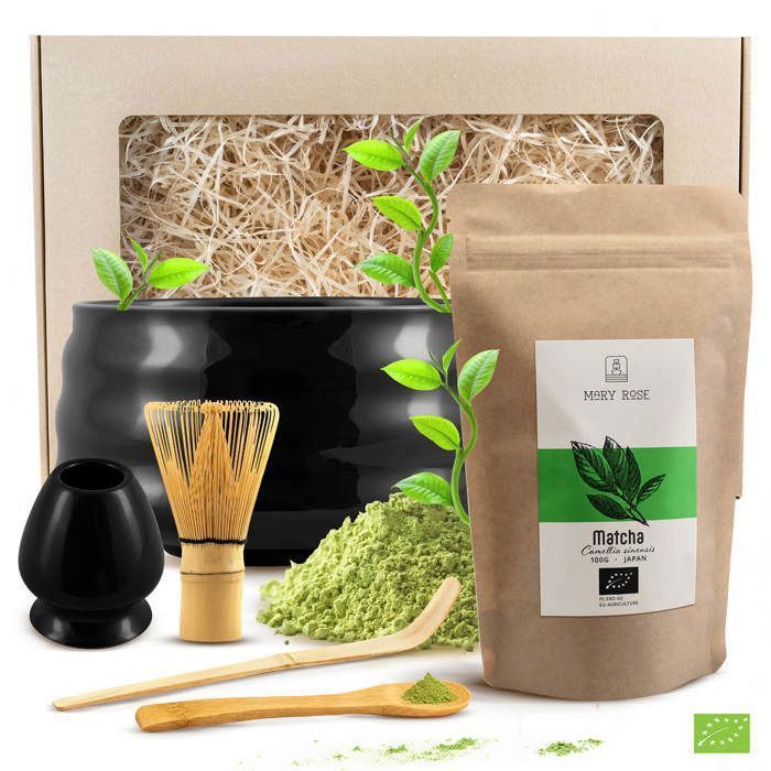 Thé Matcha Bio Kit Coffret Mary Rose Japonais 100g Accessoires Bol Noir 500 ml Bambou Fouet Chasen Cuillère