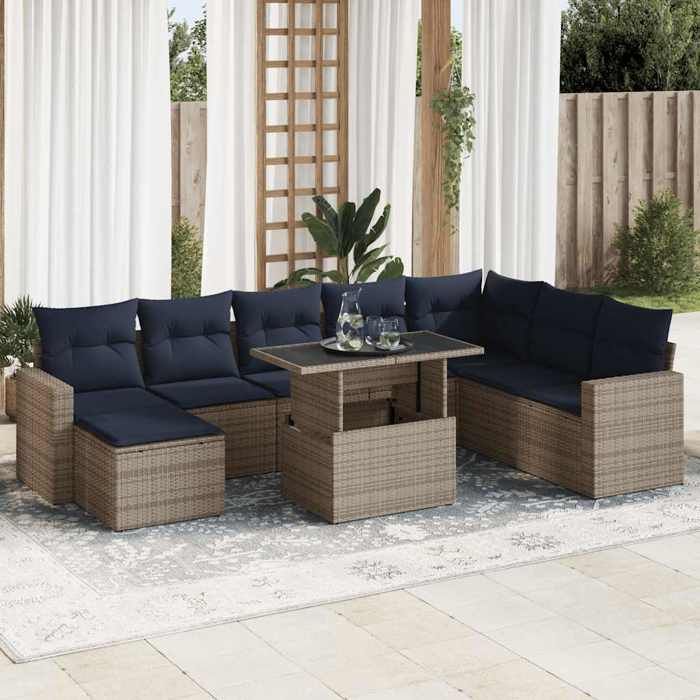 vidaXL Salon de jardin avec coussins 9 pcs gris résine tressée acacia 3326372