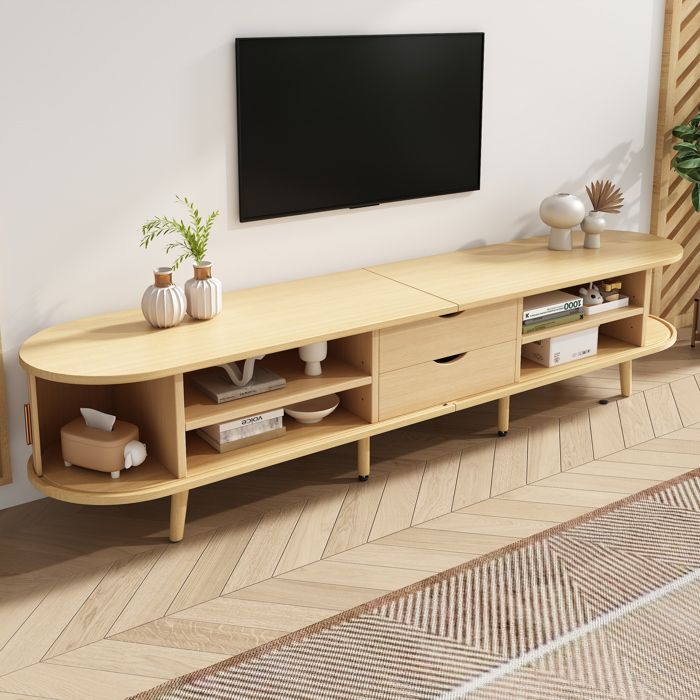 Meuble TV de salon avec espace de rangement table ronde MDF grain de bois 2 tiroirs portant 30kg dimensions 175 x 40 x 42cm