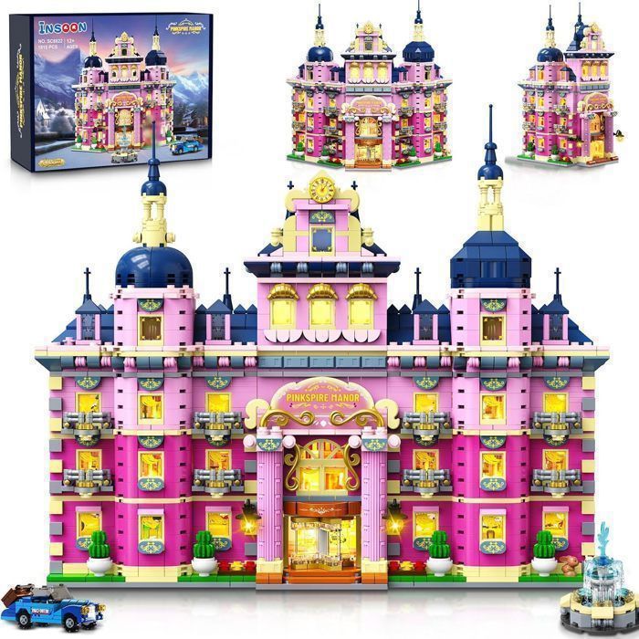 INSOON Villa Rose à Construire 1815 Pièces avec LED Voiture & Fontaine Blocs de Construction Décoration 8 Ans+