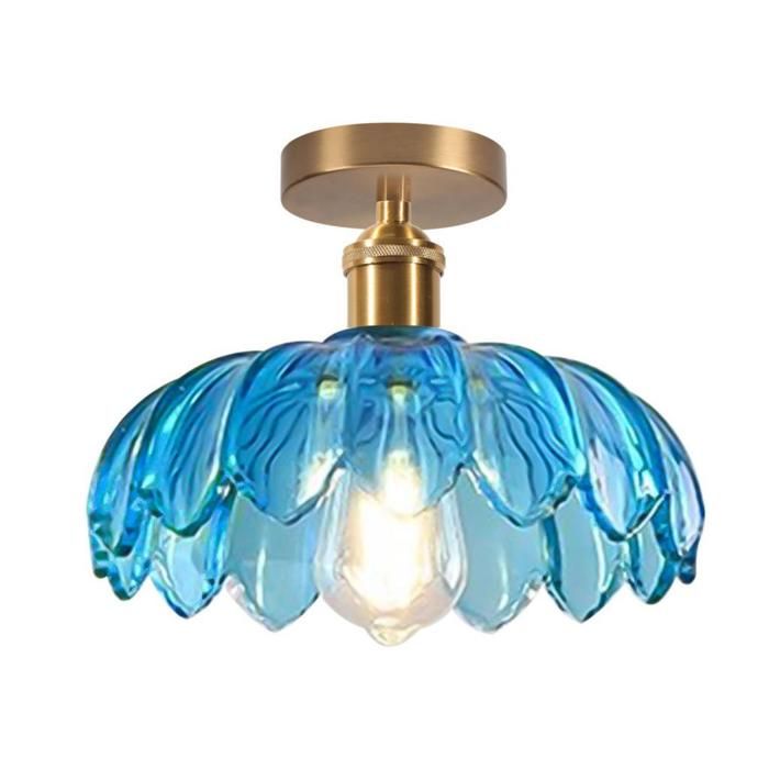 iDEGU Plafonnier Moderne25cm Lampe de Plafond Vintage Abat-jour en Verre Design Fleurs E27 Lustre Rétro pour Salon ChambreBleu