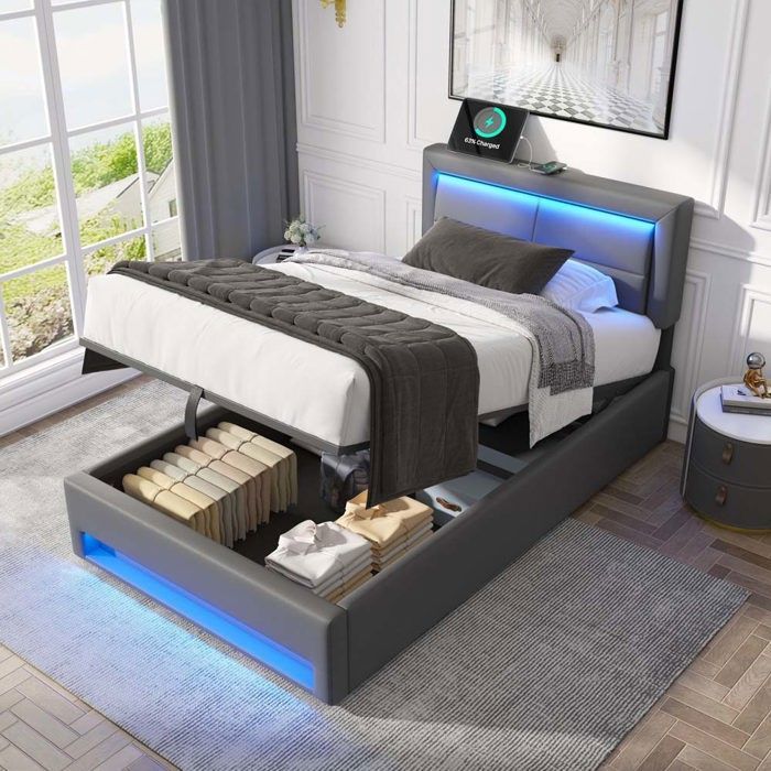 Structure de lit simple 90 x 200 cm - Avec ports USB - Avec éclairage LED - Avec coffre de rangement - Matériau PU - Gris