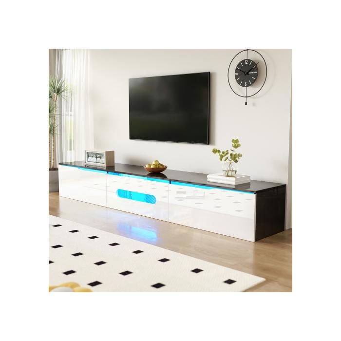 Meuble TV - BLOSSOM - 180x35x30 cm - LED - 3 Tiroirs - Finition Brillante - Blanc Meuble TV - BLOSSOM - 180x35x30 cm - LED - 3 Tiroirs - Finition Brillante - Blanc
