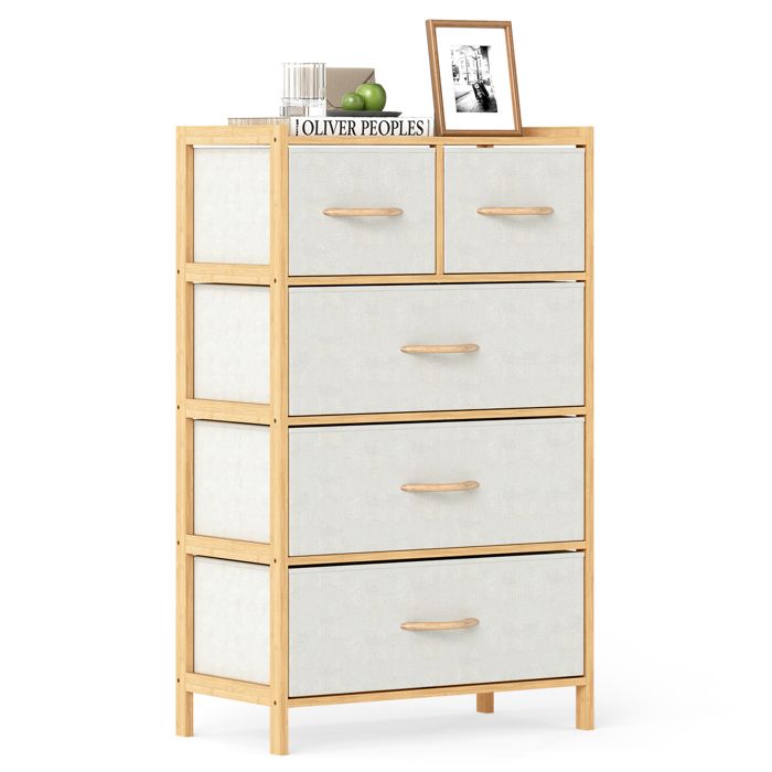 GIANTEX Commode à 5 Tiroirs en Tissu Cadre en Bambou Meuble de Rangement pour Salon Chambre 58 x 30 x 94 cm Beige