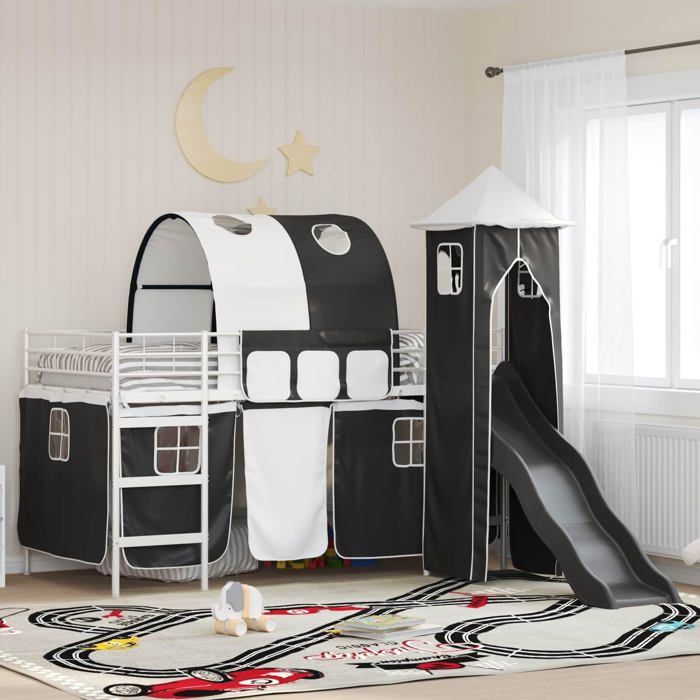 Lit mezzanine enfant - vidaXL - Métal robuste - Toboggan intégré - Tour de jeu - Rideaux dintimité - 85x205x116 cm