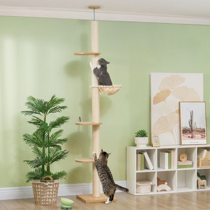 Comparer les prix de Arbre à chat de hauteur plafond dispositif anti-basculement poteaux en corde de sisal bois dingénierie chêne et blanc crème