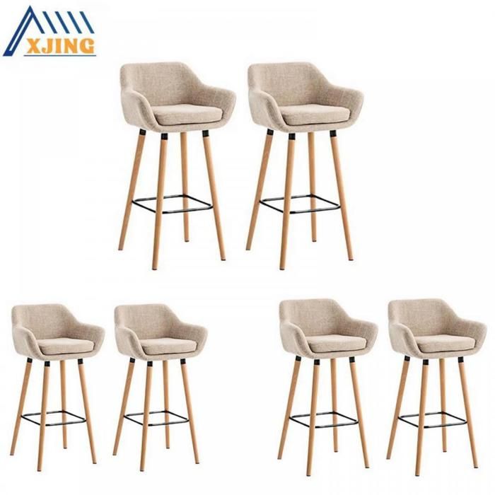 Tabourets de bar hauts - Lot de 6 - XJING -Tabourets de bar en lin - Charge 150 kg - Beige - Pieds en bois massif
