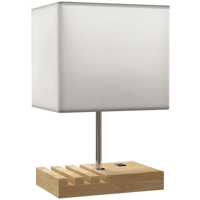 Lampe de chevet avec ports USB - Blanc - Bois et tissu - 25x20x40 5 cm - Ports USB-A et USB-C