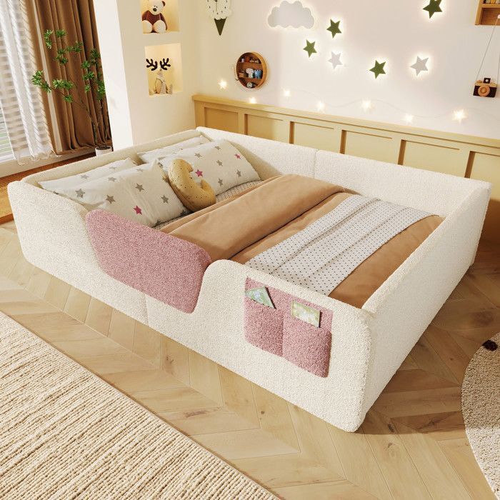 Lit Enfant 140 x 190 avec sac de rangement Lit Rembourré avec barres de sécurité amovibles Velours Beige(Sans Matelas)