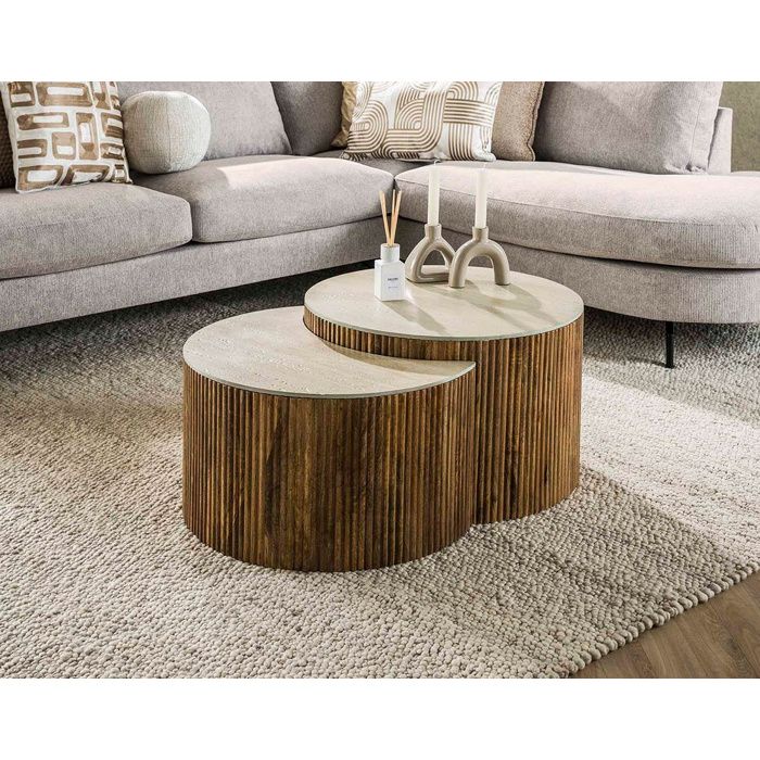 Jade - lot de 2 tables basses gigognes effet travertin - pieds en bois massif de manguier - 60 cm - Bois / Beige Jade - lot de 2 tables basses gigognes effet travertin - pieds en bois massif de manguier - 60 cm - Bois / Beige