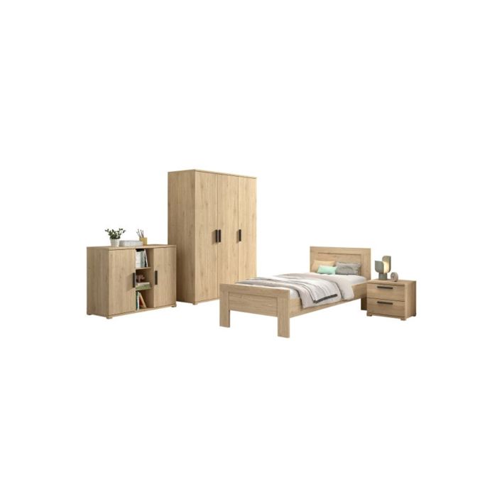 Ensemble chambre - VIPACK - SAM - Lit 90x200 cm - Aspect bois chaleureux - Armoire 3P & commode
