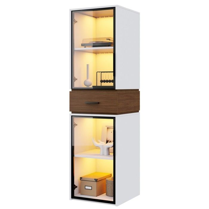 Vitrine Argentier Blanche 40x40x200cm Avec LED 2 Portes Vitrées Et Tiroir Meuble Polyvalent Pour Salon Bureau Et Salle À Manger