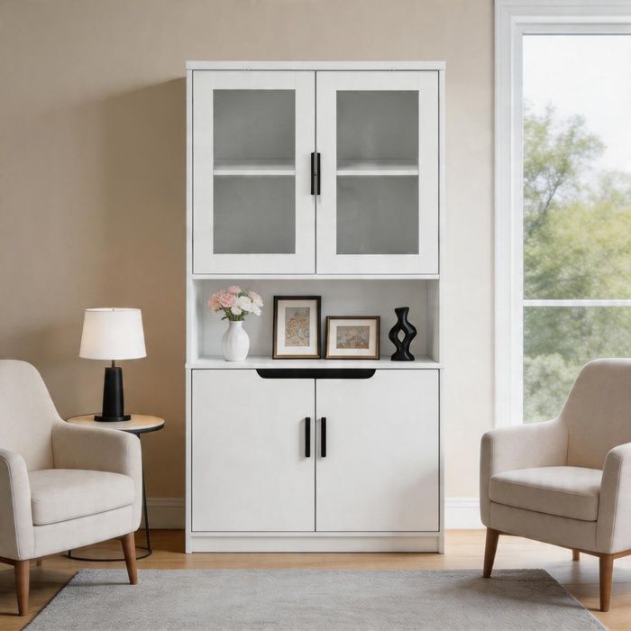 Armoire de rangement - Haute 4 portes - Portes verre trempé - MDF laqué - 60 x 35 x 160 cm blanc