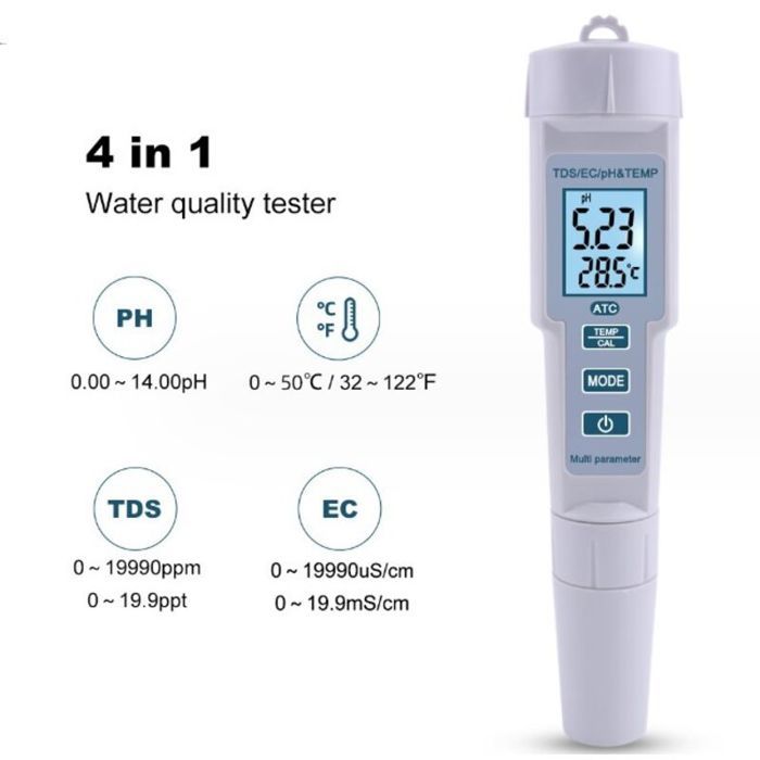 Testeur de qualité de leau 4-en-1 (Indice de protection IP55) — Blanc (Modèle : PH-686)
