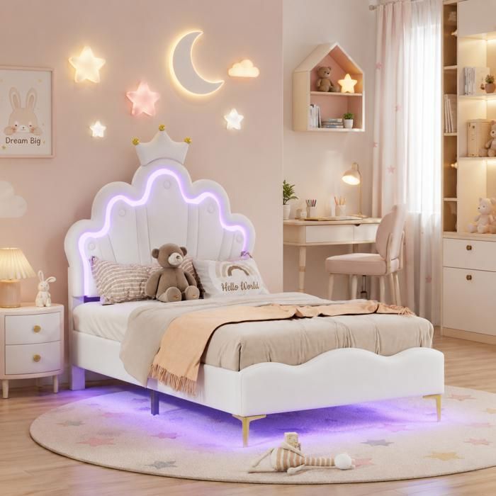 Lit Enfant Rembourré 90x200 cm avec LED Lit Simple pour Fille Adolescent Lit princesse en Forme de Couronne PU Blanc