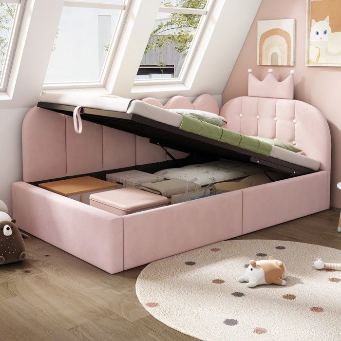 Banquette-lit Enfant 90x200cm Velours Rose Motif Ajouré Lit Dangle Gain De Place Rangement Hydraulique Sans Matelas