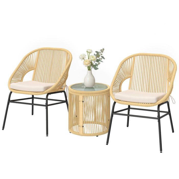 LIA Ensemble Bistro Salon de Balcon 3 Pièces 2 Fauteuils Confortables et Table en Verre Trempé Coussins Déhoussables Beige