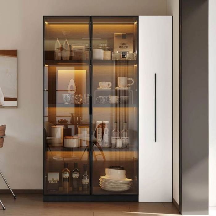 Vitrine blanc multifonction LED meuble 2 en 1 étagère coulissante MDF haute qualité et verre sécurisé
