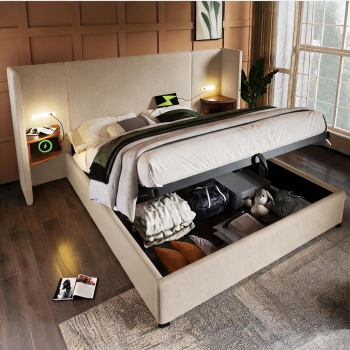 Lit double 160x200 cm avec sommier en bois massif et métal rangement hydraulique chevet et lampe de lecture à USB-C intégrés
