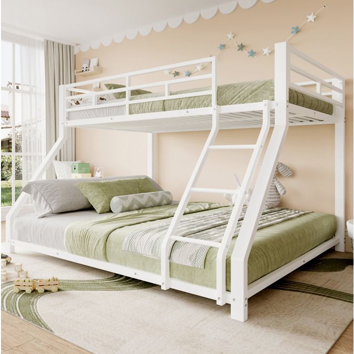 Lit Superposé 90×200/140×200cm Barrière et Escalier 2 Sommiers Inclus Métal Blanc