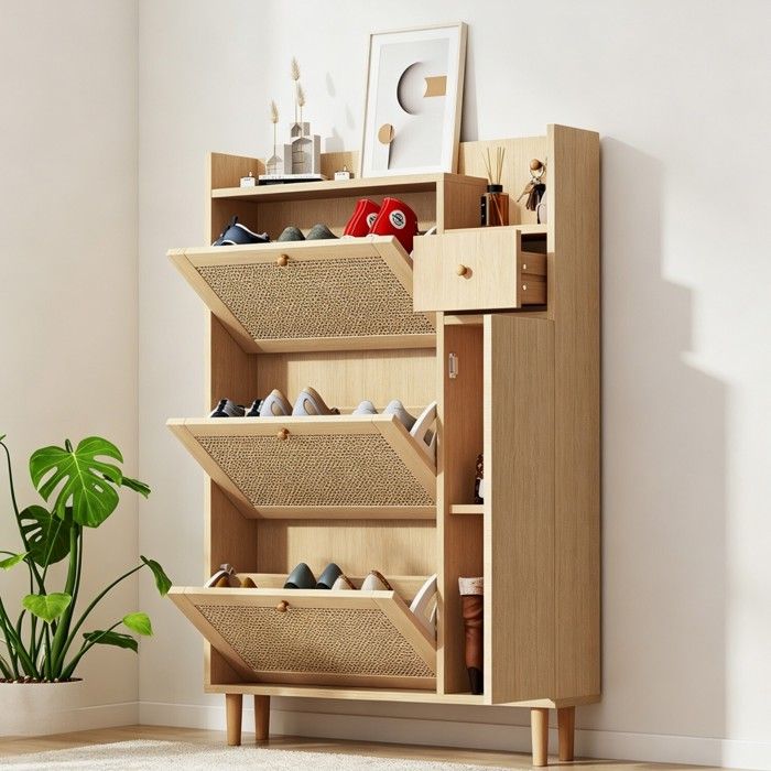 Meuble à Chaussures 3 Portes Abattantes avec Étagères et Tiroir Meuble de Rangement pour Entrée Couloir
