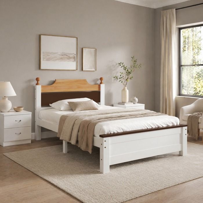 WOVREO lit simple 90 x 200 cm en pin et MDF avec 15 lattes tête de lit color-block blanc naturel marron