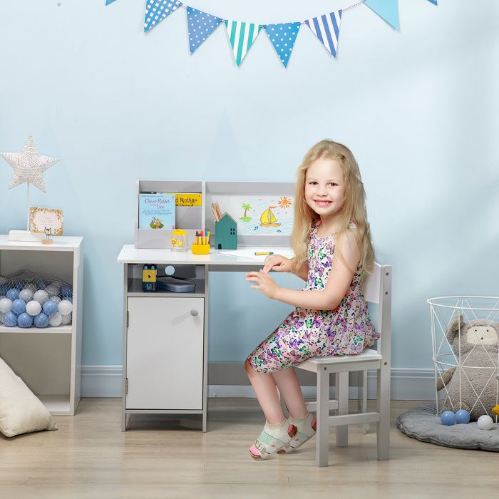 Bureau enfant en bois avec chaise organisateur et tableau blanc dès 5 ans 90 x 45 x 85 cm gris