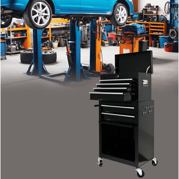 Servante datelier en acier noir à roulettes 6 tiroirs coffre à outils amovible avec armoire basse