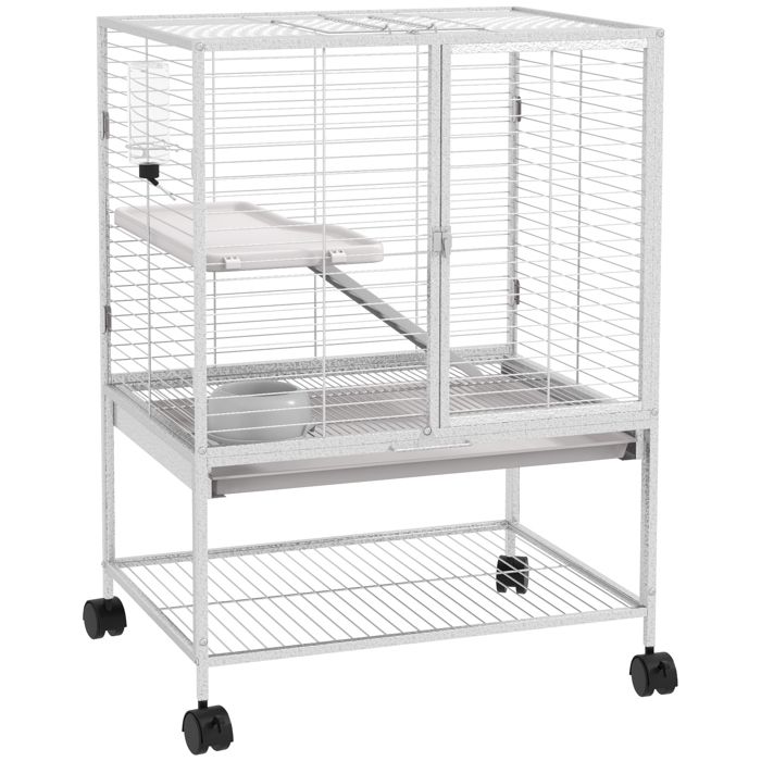 Cage pour petits animaux sur roulettes 2 niveaux avec 2 portes 1 rampe 1 étagère de rangement 615 x 445 x 86 cm gris
