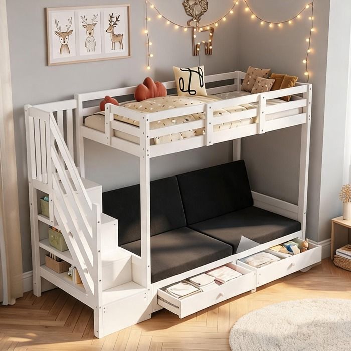 Lit enfant combiné 90x200 cm avec canapé réglable et rangement bois massif soft white