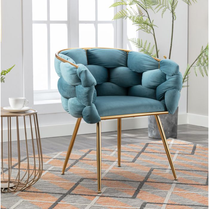 WOVREO fauteuil dappoint moderne en velours bleu avec accoudoirs et pieds en métal doré