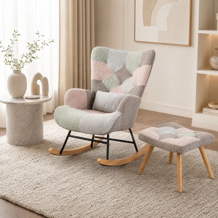 MEUBLIV Fauteuil à bascule multicolore avec repose-pieds coussin lombaire et structure en bois et métal