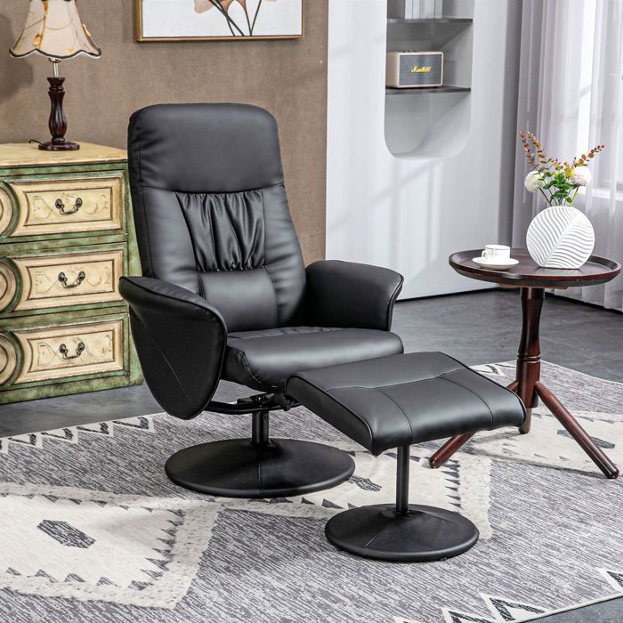 Fauteuil relaxation - WESTYLE - Fauteuil inclinable avec ottoman - Similicuir noir - Inclinable 145° - Base métal