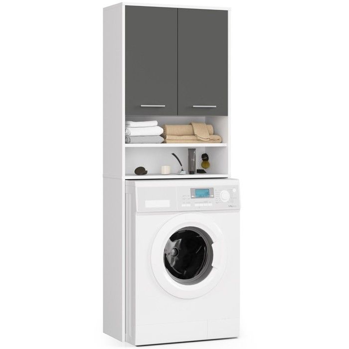 Mueble pour machine à laver Blanche 64 cm 2 portes façade Gris Graphite 4 étagères 64x30x180 cm