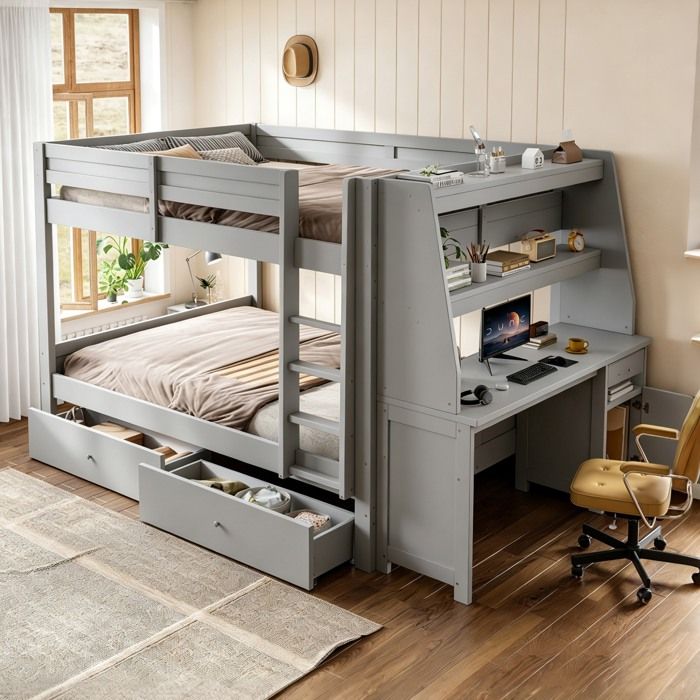 Lit superposé lit enfant 140x200 cm grand lit superposé placard latéral modulable bureau étagères tiroirs et rangements gris