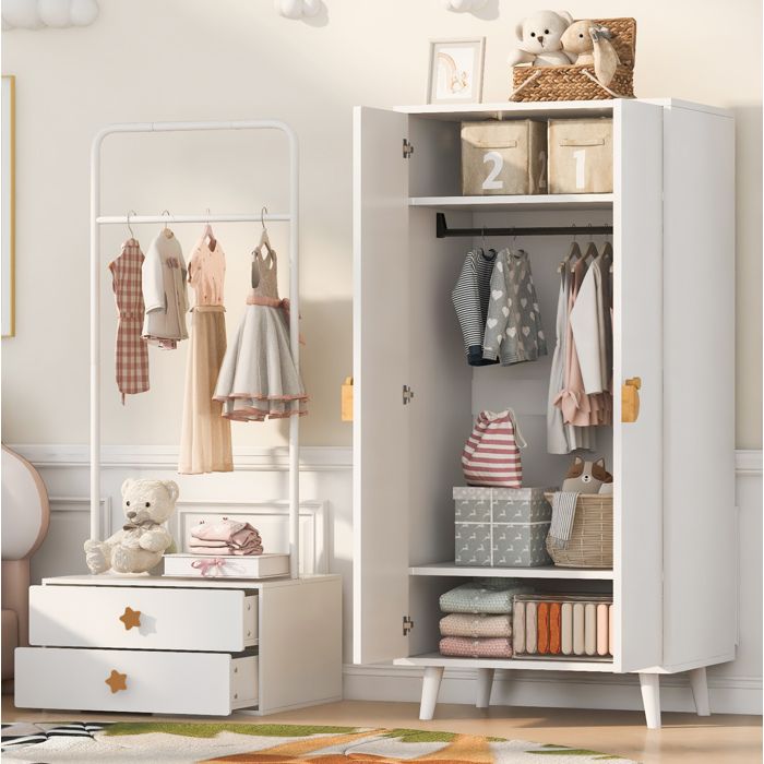 HOMVRA Armoire enfant 2 portes avec penderie 2 tiroirs 140x55x170 cm blanc MDF