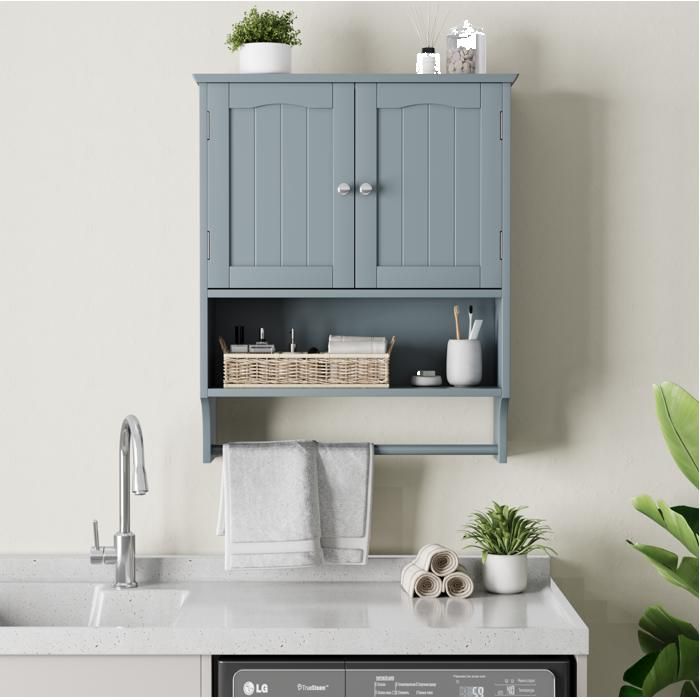 Meuble mural de salle de bain gris clair MDF avec 2 portes étagères réglables rangement ouvert barre porte-serviettes FOLYNA