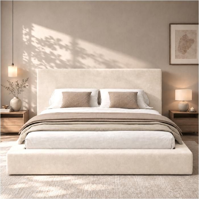 Lit Double 180x200 avec sommier à lattes Lit rembourré avec tête de lit affiche 12cm Chenille Beige(Sans matelas)