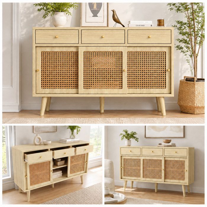 LEMLIT Buffet Bas en Rotin 120 x 40 x 78 cm 3 Portes Coulissantes et 3 Tiroirs Étagères Réglables Pieds en Bois Chêne