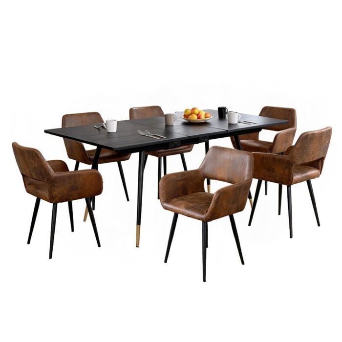 MEUBLES COSY Ensemble de salle à manger comprenant une table extensible et 6 chaises avec accoudoirs en suédine marron