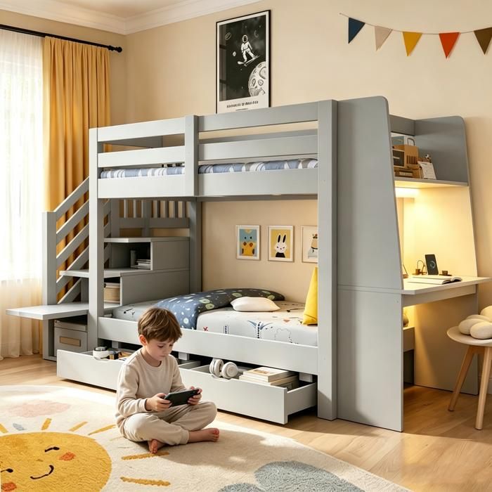 Lit Superposé Enfant 90x200 cm avec Bureau et étagères avec échelle de rangement et 2 Tiroirs barre lumineuse LED et prise gris