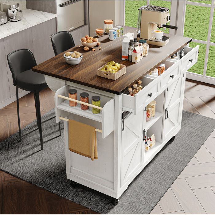 Îlot de cuisine avec plan de travail extensible 2 portes coulissantes 3 tiroirs meuble de rangement sur roulettes finition bois