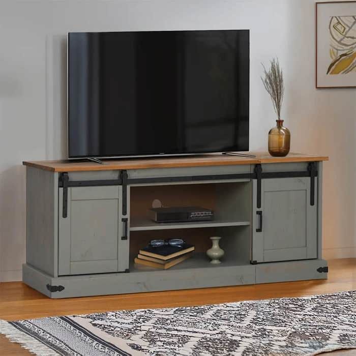 Cabinet HIFI Moderne 1 PC ARMOIRE TV Meuble base salon HALDEN 2 portes coulissantes gris 150x40x60 cm T88