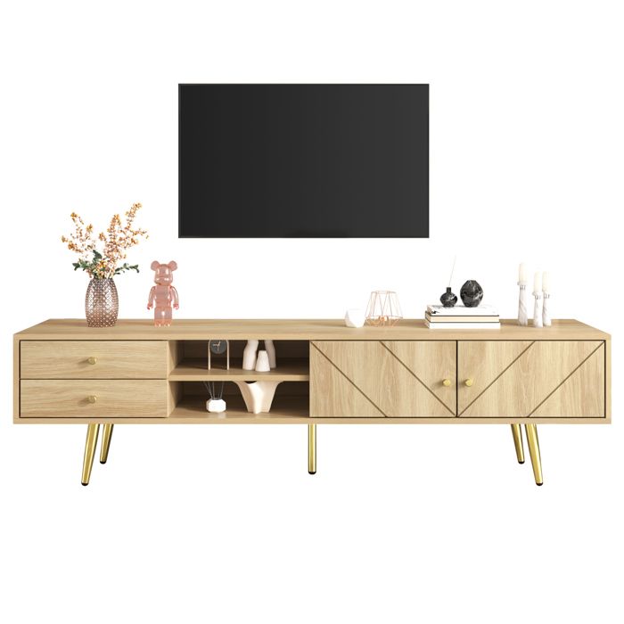 Meuble tv rangement intégré avec tiroirs en MDF et panneaux de particules construction robuste coloris naturel