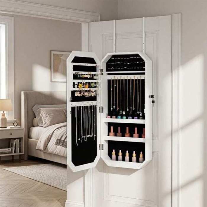 Rangement sécurisé armoire à bijoux avec miroir plein pied verrouillable pour bijoux et cosmétiques